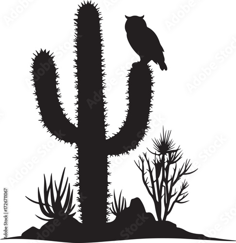 Desert cactus with owl perch black clipart, flat vector illustration