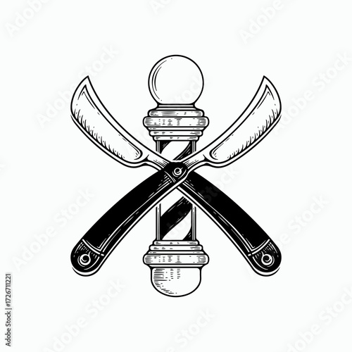 Classic barbershop symbol evokes vintage grooming style with crossed straight razors and iconic barber pole, perfect for retro design and masculine branding projects