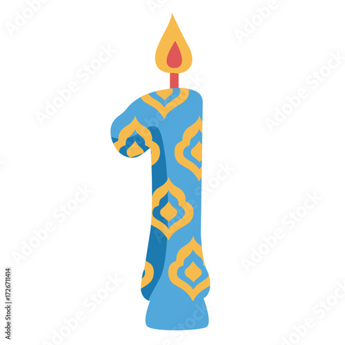 Blue and yellow number 1 candle with flame, birthday decoration illustration ideal for first birthday themes.

