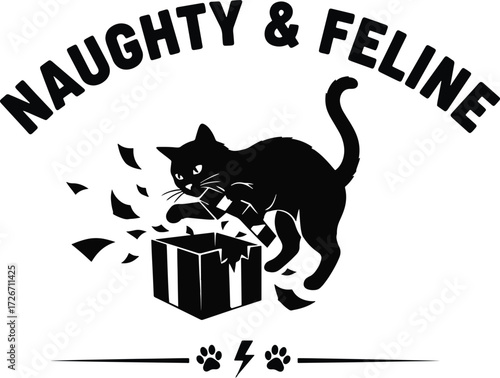 Naughty & Feline Logo – Mischievous Cat Tearing Gift Box with Paw Prints, Lightning Bolt, and Bold Typography