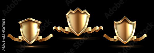 Golden shield collection with ribbon banners for premium awards and certificates. Metallic emblems with curved decorative bands on black. Luxury heraldic elements for branding or achievement designs.