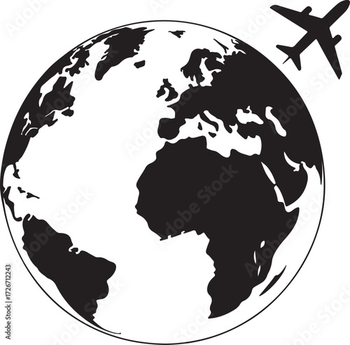 Globe with airplane flight path black clipart, flat vector illustration