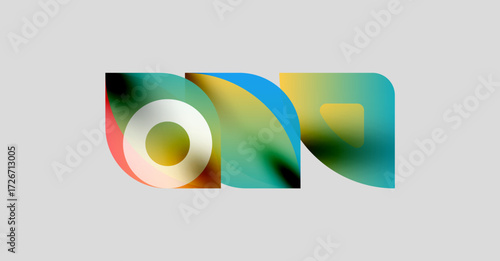 Abstract colorful shapes overlap, creating dynamic visual effect. Gradient hues blend smoothly, forming modern design element.