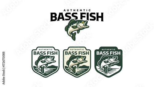 bass fish, largemouth fish mascot illustration vector logo design collection for fishing club, angling tournament and adventure. Angler freshwater fish retro badge logo vector design set for outdoor
