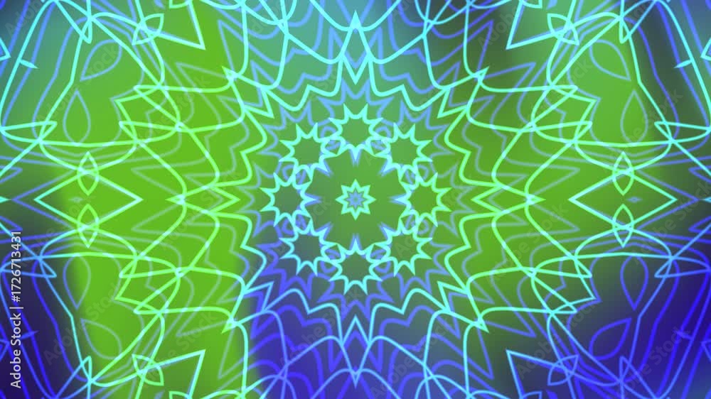 Kaleidoscope overlay green and blue geometric pattern for backgrounds, digital designs, textiles, prints, packaging, and decorative elements in various projects.