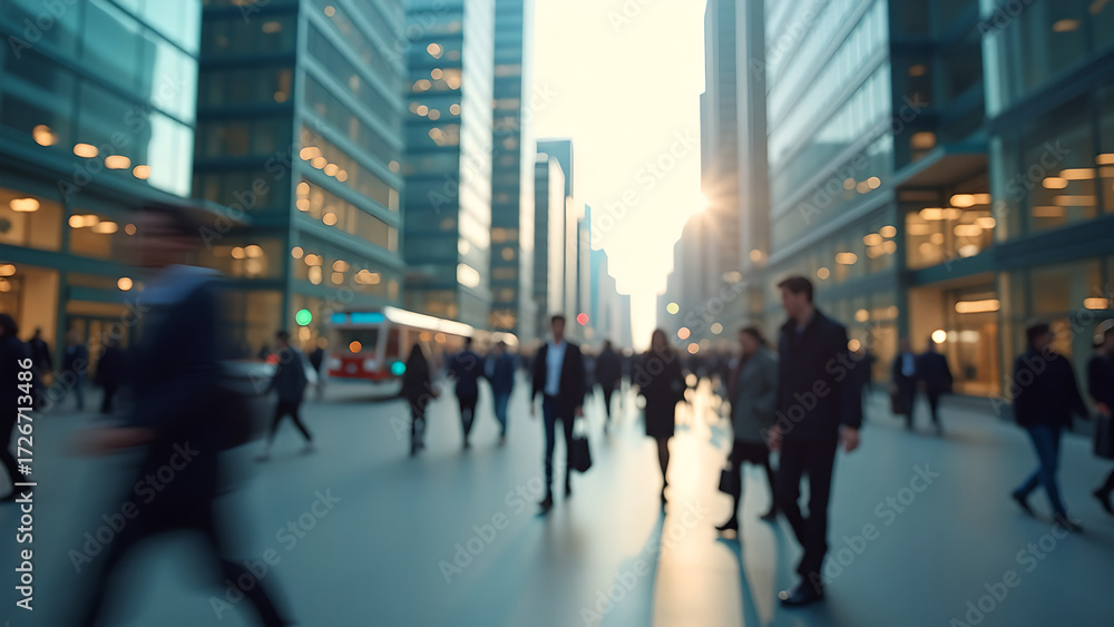 Obraz premium Blurred image of city street with modern skyscrapers, people walking to work, urban lifestyle, blur effect.