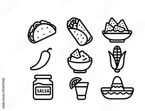 Mexican cuisine icons featuring tacos, burritos, nachos, and drinks