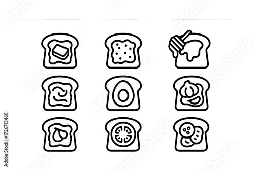 Variety of toast toppings: butter, jam, honey, egg, onion, tomato, cucumber icons