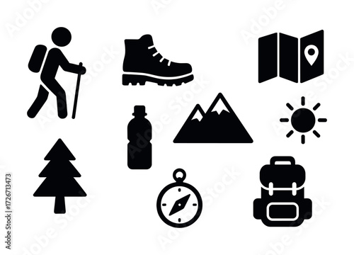 Hiking icons: boots, backpack, map, compass, mountains, tree, sun, water bottle