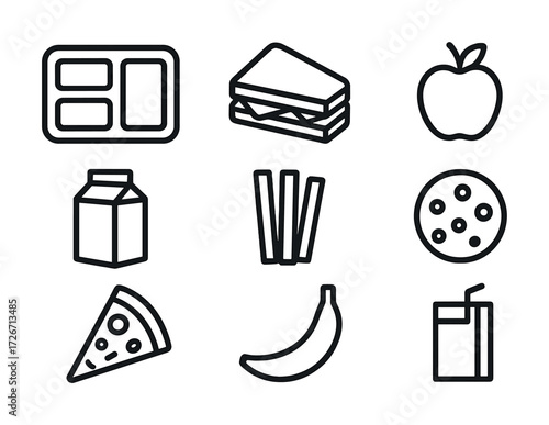 Line art lunch items: tray, sandwich, apple, milk, fries, cookie, pizza slice, banana, juice box