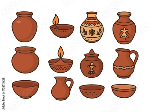 Assortment of decorative clay pots and bowls with traditional patterns