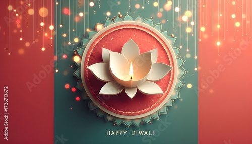 illustration of decorative burning oil lotus diya on Happy Diwali Holiday background for light festival of India