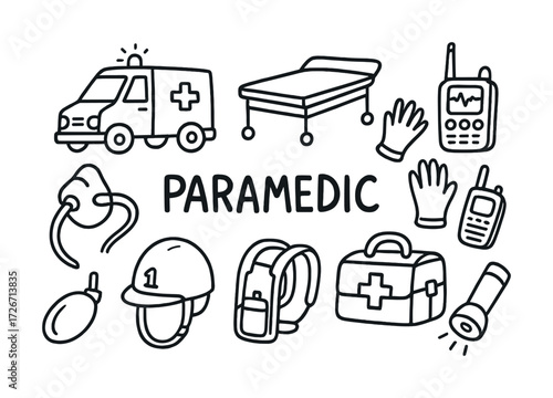 Emergency medical equipment doodles: ambulance, stretcher, paramedic tools, safety gear, communication devices