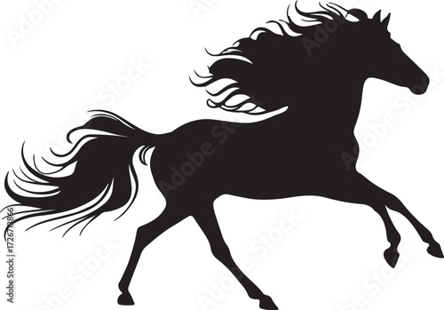 Running horse with flowing mane black clipart, flat vector illustration