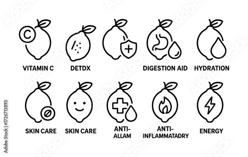Lemon benefits icons: vitamin c, digestion, hydration, skin care, anti-inflammatory, energy