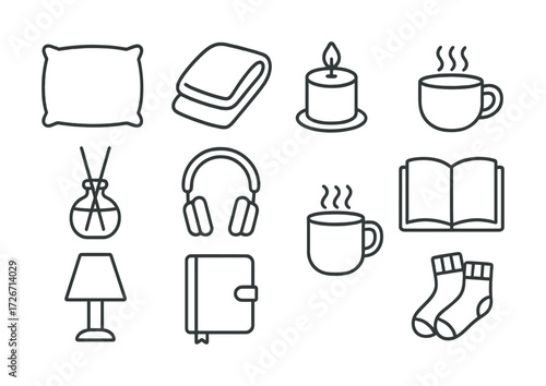 Cozy home essentials outline icons: pillow, blanket, candle, mug, diffuser, headphones, book