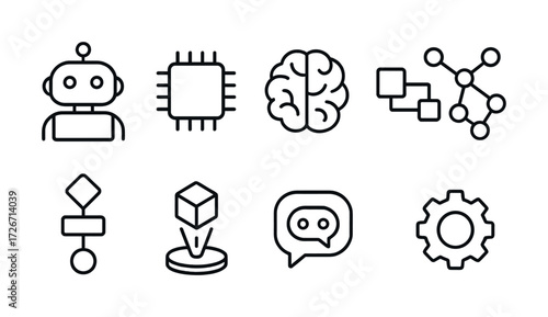 Artificial intelligence icons: robot, microchip, brain, neural network, flowchart, cube, chat, gear