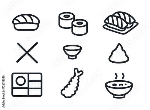 Sushi line icons: nigiri, rolls, and tempura with bowls and soy sauce symbols
