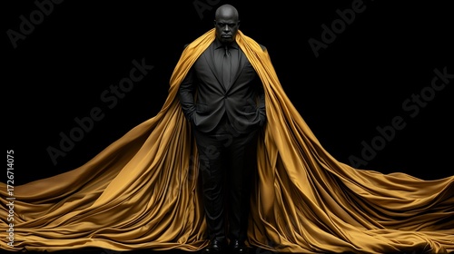 Figure in Dark Suit Draped in Luxurious Gold Cloak Against a Black Background