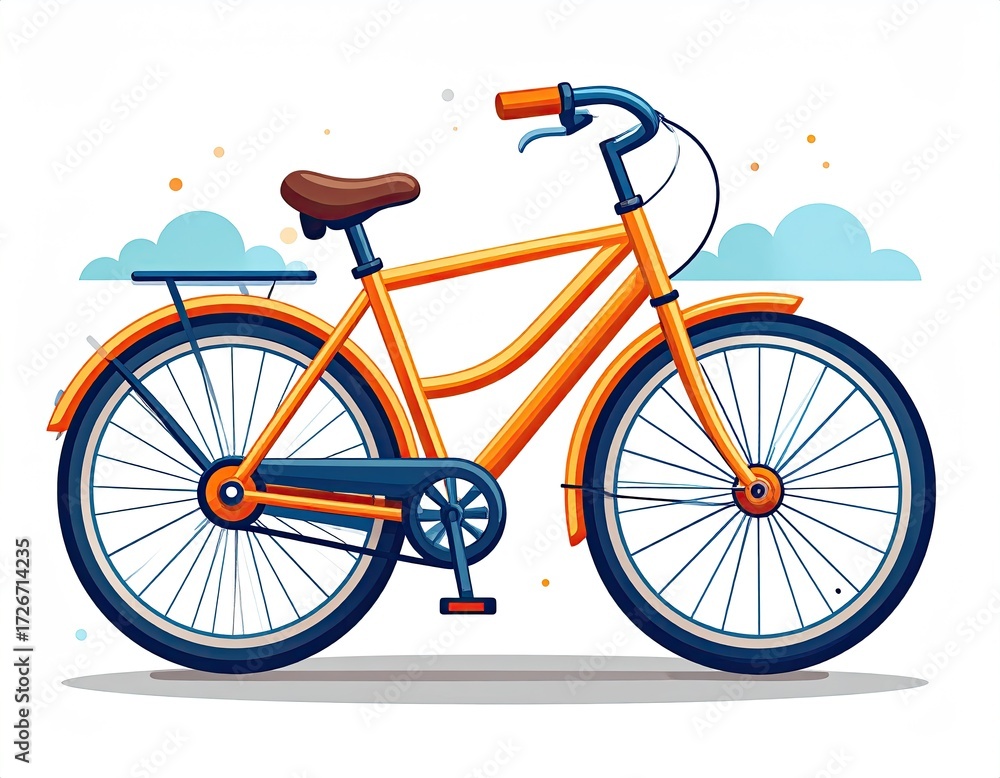 Fototapeta premium Orange bicycle with brown seat, profile view, flat style