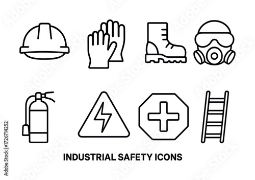 Industrial safety icons: helmet, gloves, boots, mask, extinguisher, warning, health, ladder