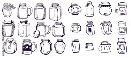Vector set of hand drawn empty jars and bottles vintage