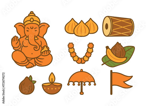 Hindu festive icons: ganesha, sweets, drum, garland, leaf, lamp, umbrella, flag