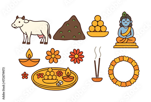 Indian festival symbols including cow, sweets, flowers, incense, and deity statue