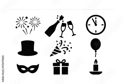 New year celebration icons: fireworks, clock, glasses, gift, balloon, mask, candle