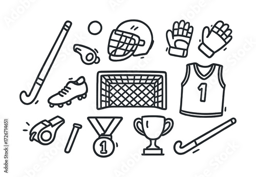 Field hockey equipment icons: gear, trophy, whistle, helmet, and gloves collection