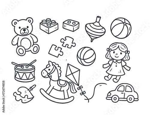 Black and white children's toys illustration featuring teddy bear, blocks, and doll