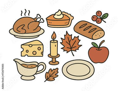 Thanksgiving feast illustration with roast turkey, pie, and autumn symbols