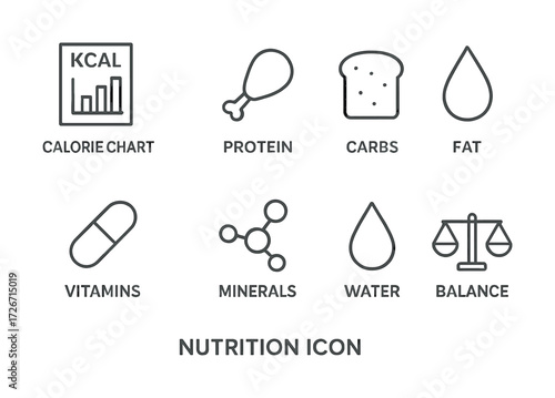 Nutrition icons: calorie chart, protein, carbs, fat, vitamins, minerals, water, balance symbols