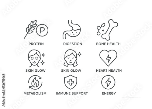 Symbols for protein, digestion, bone, skin glow, heart, metabolism, immune support, and energy