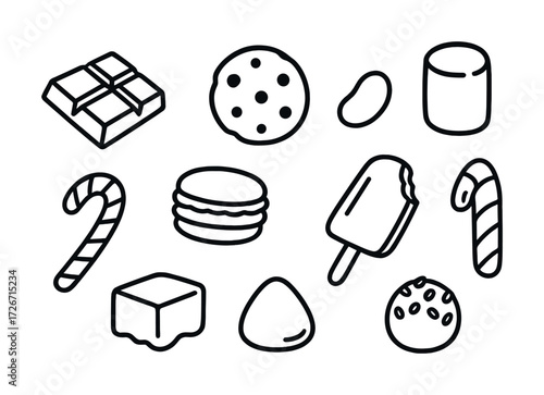 Collection of black and white candy and dessert line drawings