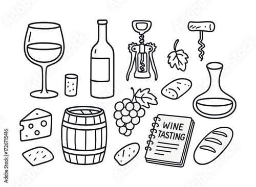 Wine tasting essentials: glass, bottle, corkscrew, barrel, cheese, grapes, bread, decanter