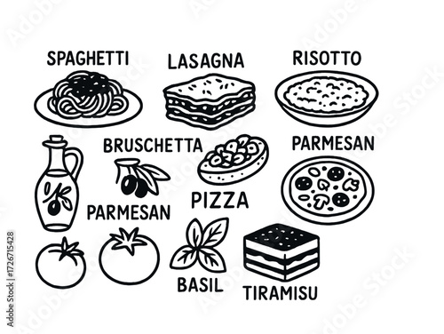 Italian cuisine icons: spaghetti, lasagna, risotto, pizza, tiramisu