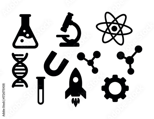 Science icons: flask, microscope, atom, dna, molecule, magnet, rocket, gear
