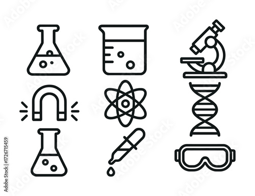 Science icon set featuring lab equipment and dna structure