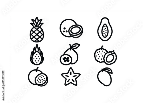 Tropical fruit line art icons featuring pineapple, coconut, papaya, and mango