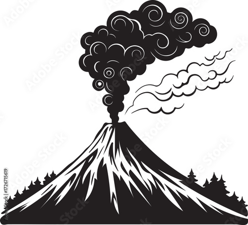 Volcano with smoke plume black clipart silhouette, flat vector illustration