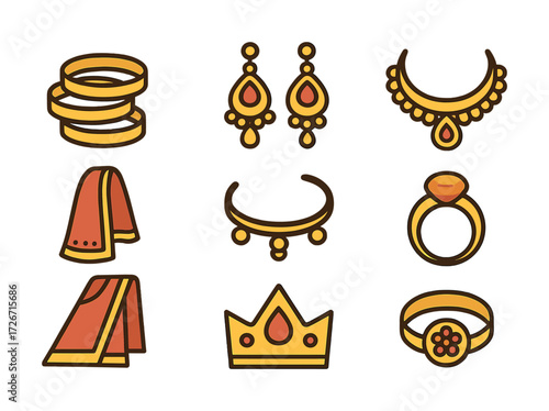 Elegant collection of jewelry and accessories featuring rings, earrings, necklaces, crowns, and scarves