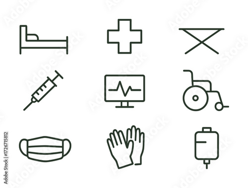 Healthcare icons set featuring medical equipment and symbols