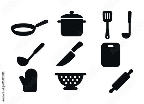 Set of kitchen utensil icons including frying pan, pot, spatula, knife, cutting board, strainer, rolling pin