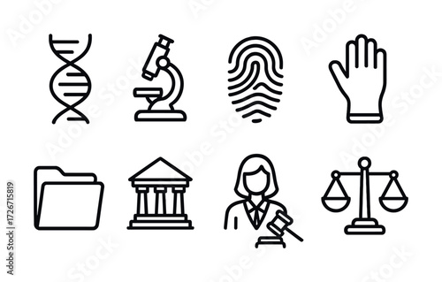 Law and forensic science icons: dna, microscope, fingerprint, justice, court, evidence