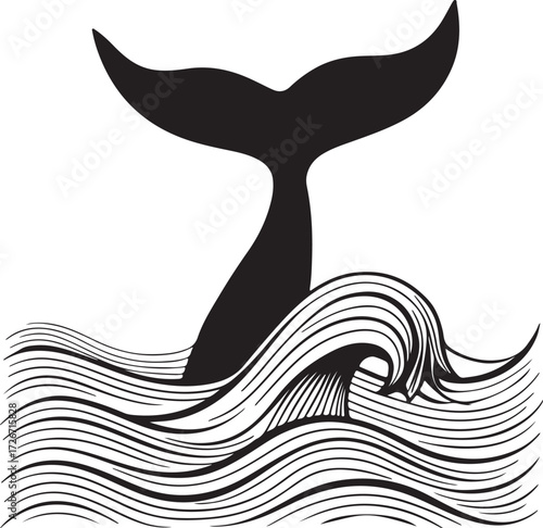 Whale tail emerging from waves black clipart silhouette, flat vector illustration