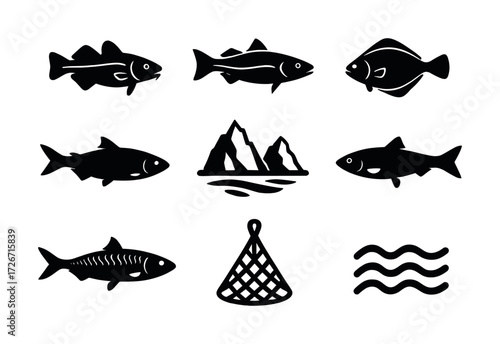 Silhouette icons of fish, waves, and mountains with fishing net