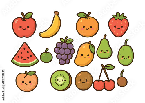 Cute smiling cartoon fruits collection with happy faces