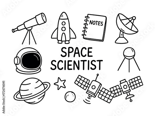 Space scientist icons with telescope, rocket, and satellite doodles
