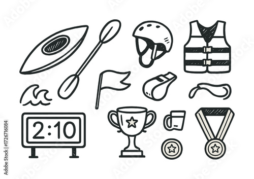 Hand-drawn kayaking gear and trophy collection with stopwatch